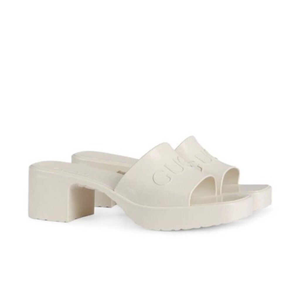 Gucci Logo Embossed Mid-heel Rubber Sandals Mystic White 624730 EU41